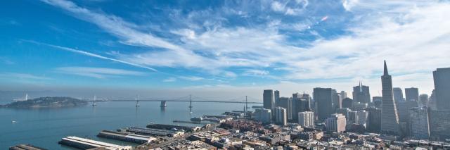 A view of the San Francisco Bay, Treasure Island and the Bay Bridge