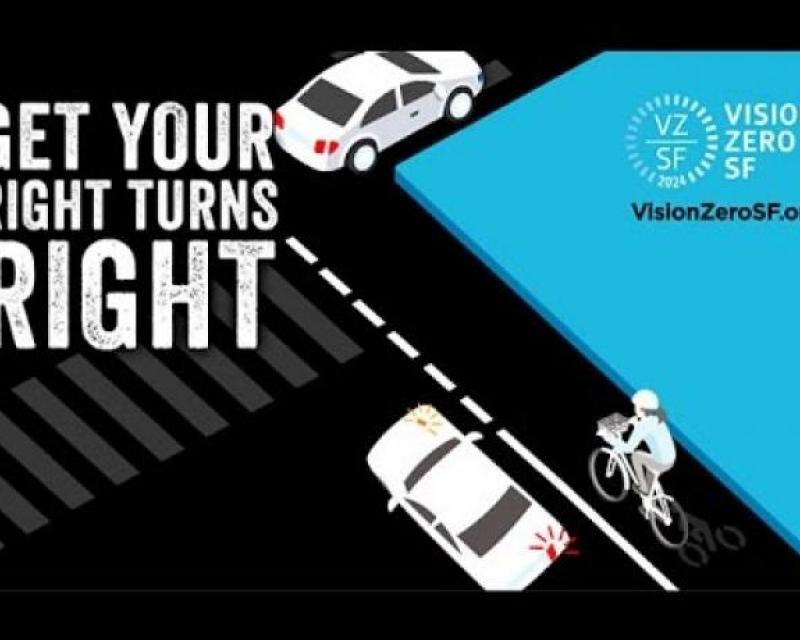 Graphic of vehicles turning right and bike lane with text Get Your Right Turns Right