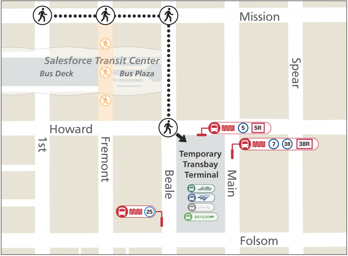 Map showing path from Salesforce Transit Center to Temporary Transbay Terminal.