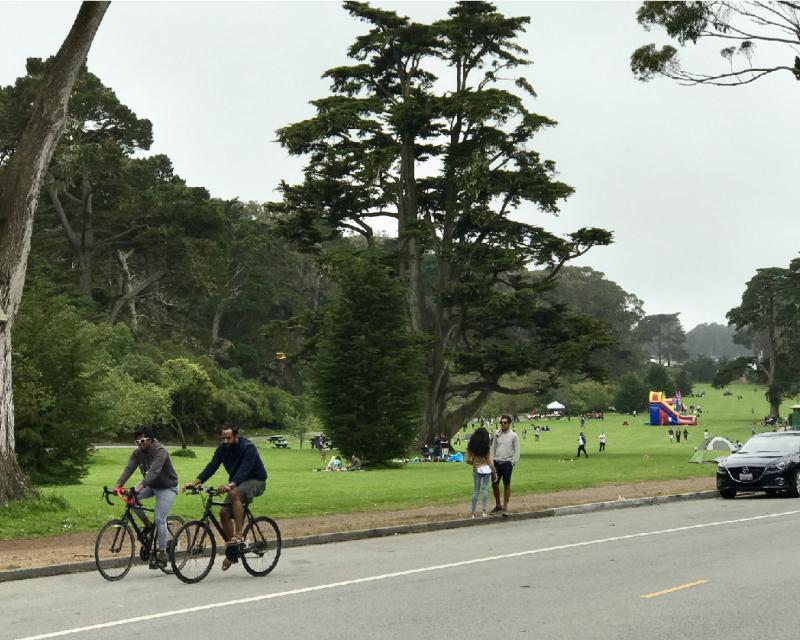 Image of people riding bicycles, a couple standing, and cars parked along John F. Kennedy Drive in Golden Gate Park.