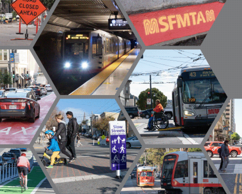 Collage of images depicting SFMTA transportation services