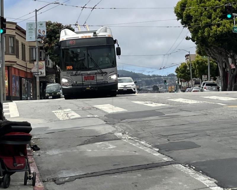 Bus 49 Van Ness arrives at Mission and Highland stop 