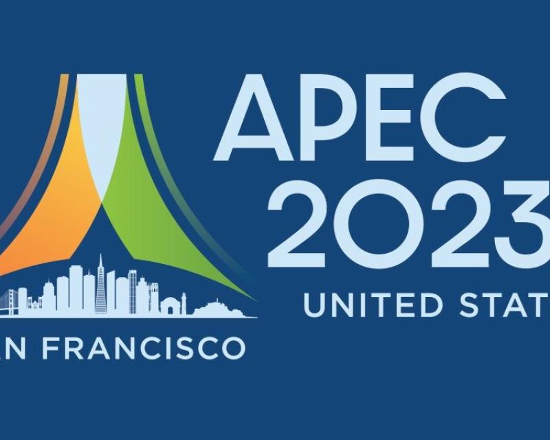 A graphic that says APEC 2023 United States San Francisco with a logo above a graphic of the San Francisco city skyline.