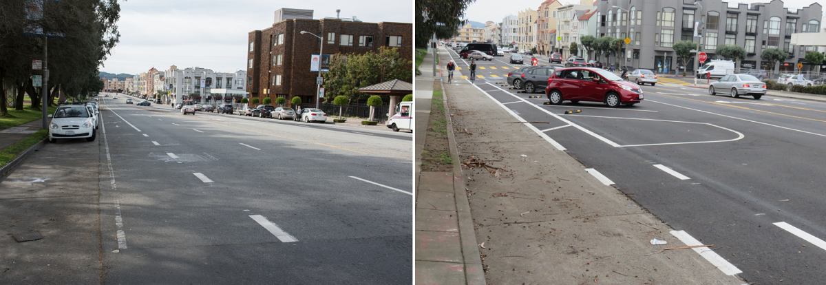 Two photos show Bay Street before and after it was reconfigured. In the "before" photo, the street has four traffic lanes and cars parked parallel to the curb. In the "after" photo, it has two traffic lanes, and angled cars parked between the traffic lanes and curbside bike lanes.]