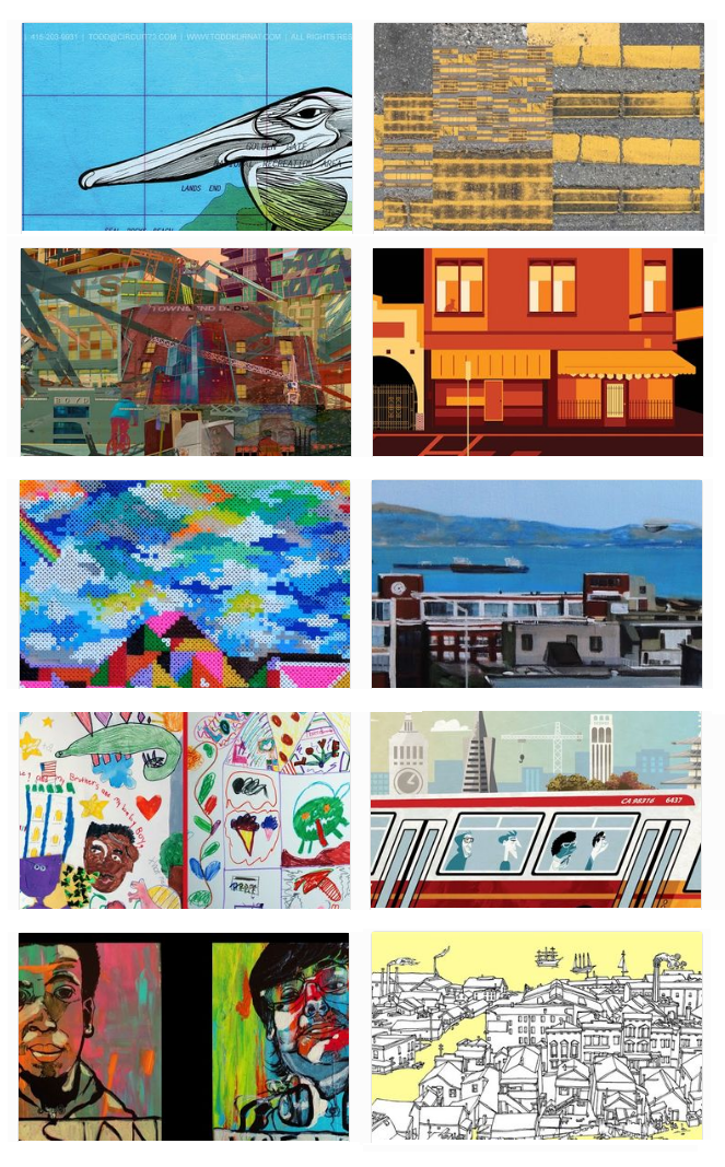thumbnails of 10 art pieces: a bird over a map; a yellow paint and concrete abstract; stylized buildings and a person on a bike with the word "Boyd"; a corner building in orange and yellow;  multicolor bead mountainscape; view of Ghirardelli Square and north; crayon-like drawings of a person of color, a creature, and various objects and the words "My brothers and my baby boy"; people on a red-and-orange Muni bus with the Transamerica Pyramid and other buildings in the skyline behind; two portraits with abstract colors; buildings and ships