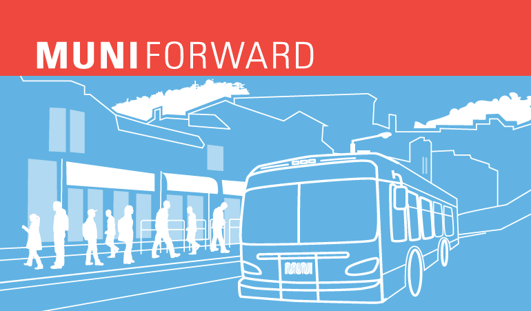 An illustration of a Muni bus at a busy boarding platform, with a “Muni Forward” banner at top.
