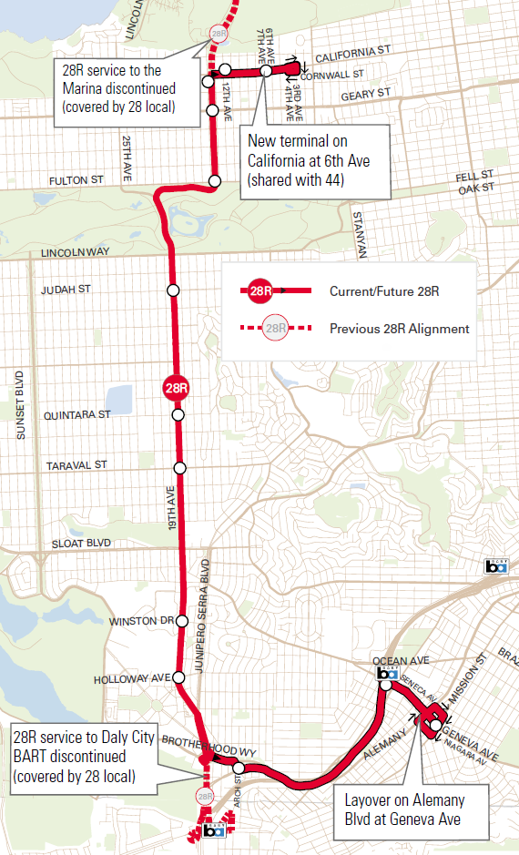 A map of the new 28R route running between California Street in the Richmond District, along 19th Avenue, Brotherhood Way and Highway 280, stopping at Balboa Park Station and terminating at Geneva Avenue and Mission Street.