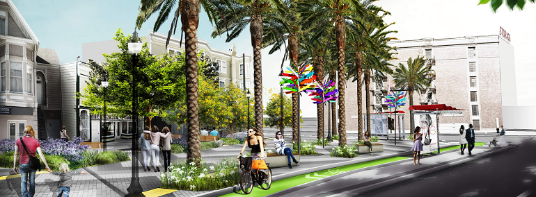 A rendering of Masonic and Geary shows people walking through a concrete plaza lined with trees and planters. Along the curb, a woman rides in a green bike lane separated from the roadway by a Muni boarding island with a shelter and waiting passengers.
