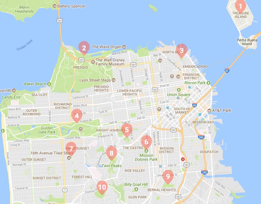 A screenshot of Curbed SF’s map of the 10 best places to view the solar eclipse.