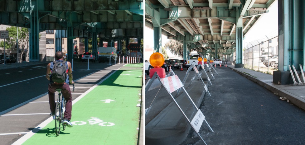Two photos. One photo shows a man bicycling on a newly-installed curbside bike lane on 13th Street, separated from traffic lanes by a lane of car parking and a buffer area. Second photo shows a curbside bike lane on eastbound Division Street with newly-installed concrete dividers covered by construction fixtures.