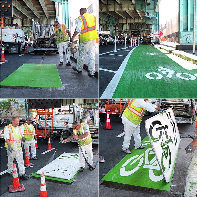 Four photos showing an SFMTA crew installing bike lane and sharrow markings on the road on 13th Street.