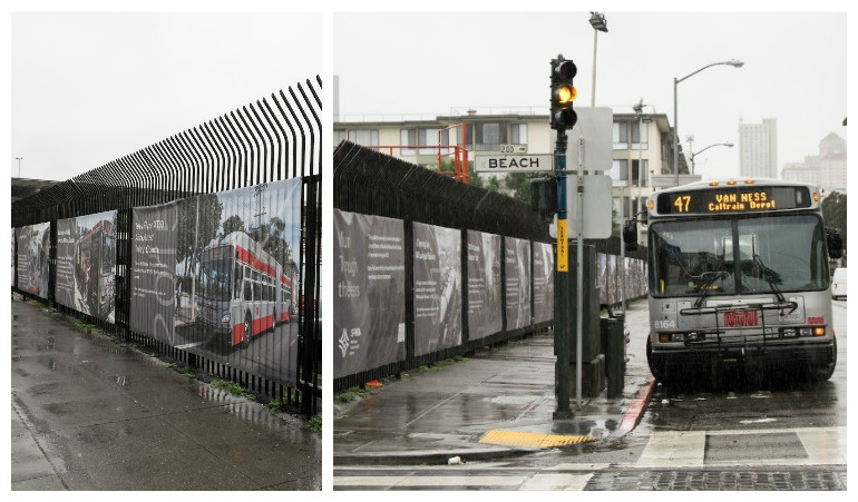 Two photos of the fence outside Kirkland bus yard on Powell at Beach Street. In one photo, a 47 Van Ness Muni bus is next to the curb.