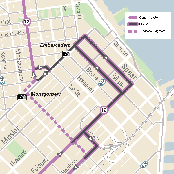 Map of the proposed Option B 12 Folsom/Pacific bus route.  The proposed 12 Folsom-Pacific extension will have the route continue eastbound on Folsom and will use both Main (northbound) and Spear (southbound) Streets to access Embarcadero Station. The route will continue onto Market Street to connect to Sansome Street.