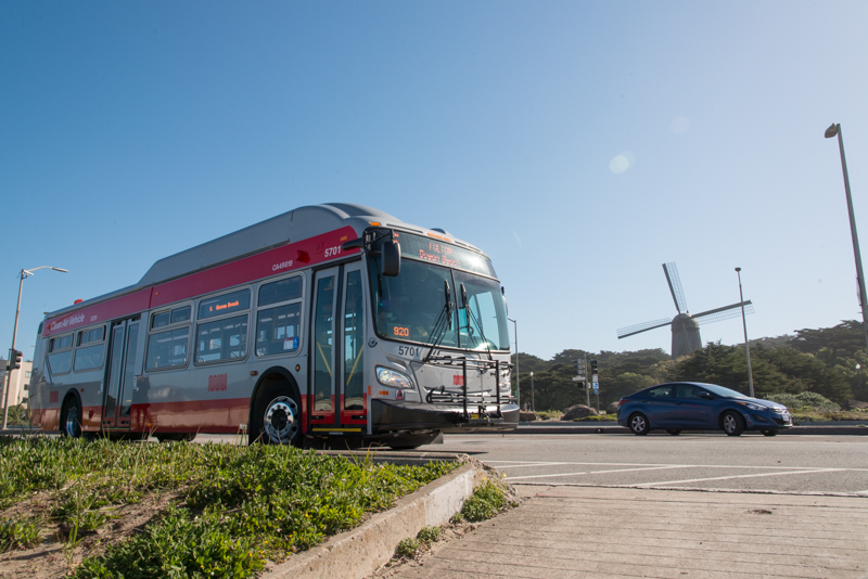new muni bus with Dutch Windmill in background