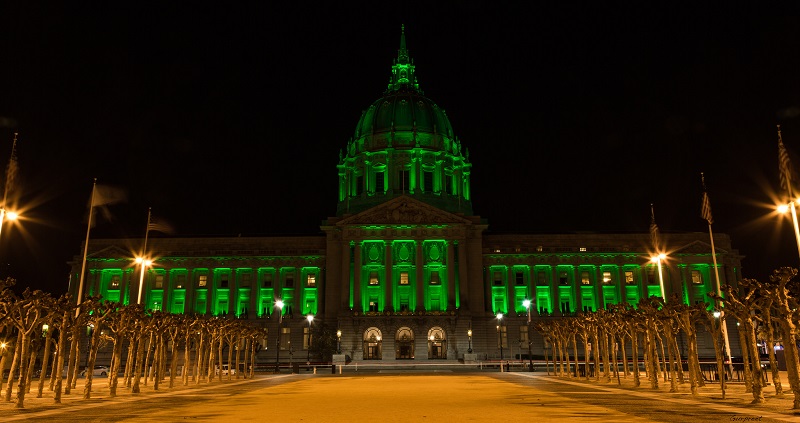 City Hall Lit Up in St. Paddy's Day Green