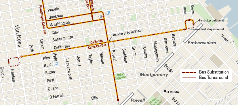 Map of the California Cable Car bus substitution route.