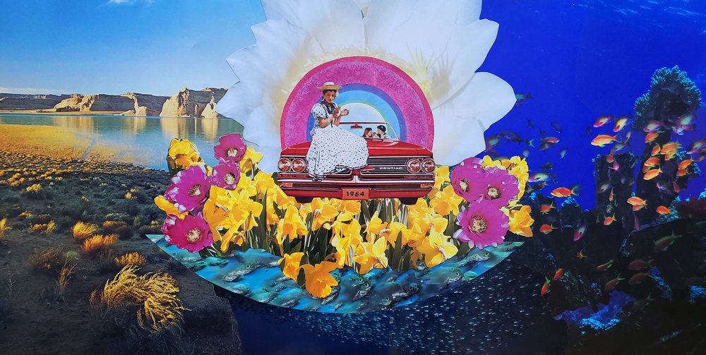 People sit in and on a 1964 Pontiac convertable surrounded by flowers surround by river cliffs, a plain, and an underwater scene with fish