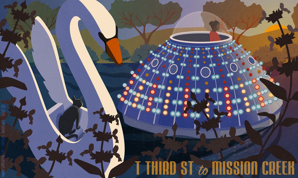 A cat rides a swan boat and a person of color rides a brightly lit flying saucer on a body of water in a park. Text reads "T Third St to Mission Creek"