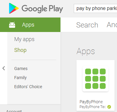 Screen print of the Pay by Phone app in Google Play