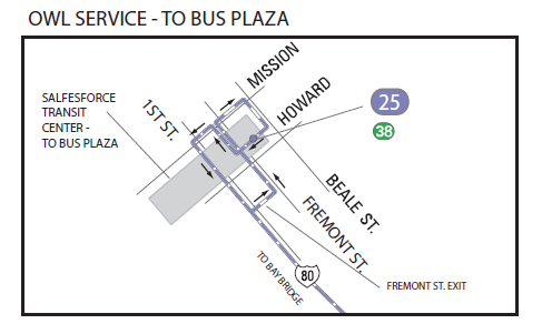 Map of 25 Treasure Island new Owl service to Salesforce Transit Center