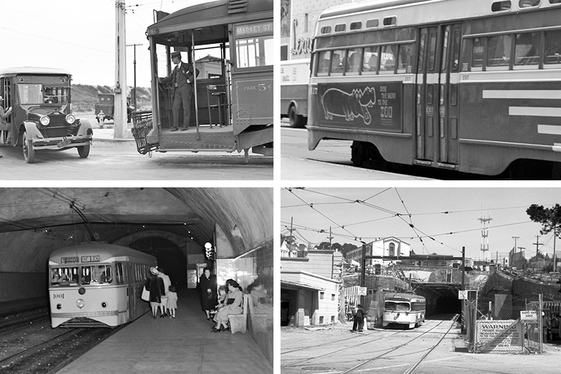 Various scenes on the L Taraval line over the years including an electrically powered streetcar on Taraval near Great Highway in the 1920s and the reconstruction of the West Portal of the Twin Peaks Tunnel in the 1970s.