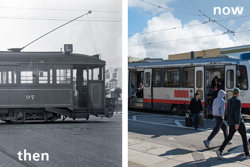 Two contrasting views of the L Taraval then and now. On the left is the L in the 1920s and on the right the L in present day with a light rail vehicle.