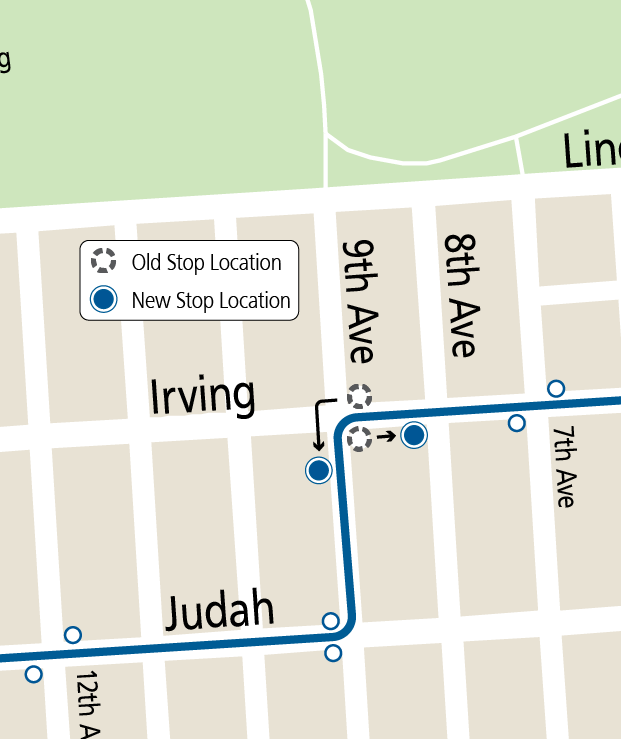 Map of stop changes at Irving & 9th Ave