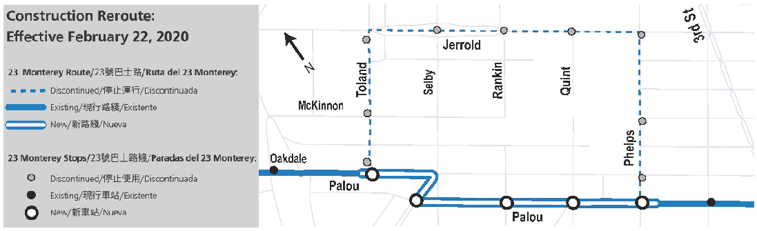 Map of new route and stops for 23 Monterey
