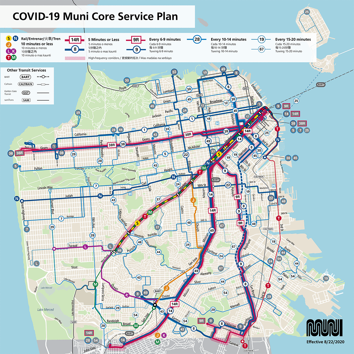 Map: New Muni service map shows bus and rail routes restored August 22 with existing Muni service. This new map also highlights high-frequency corridors.