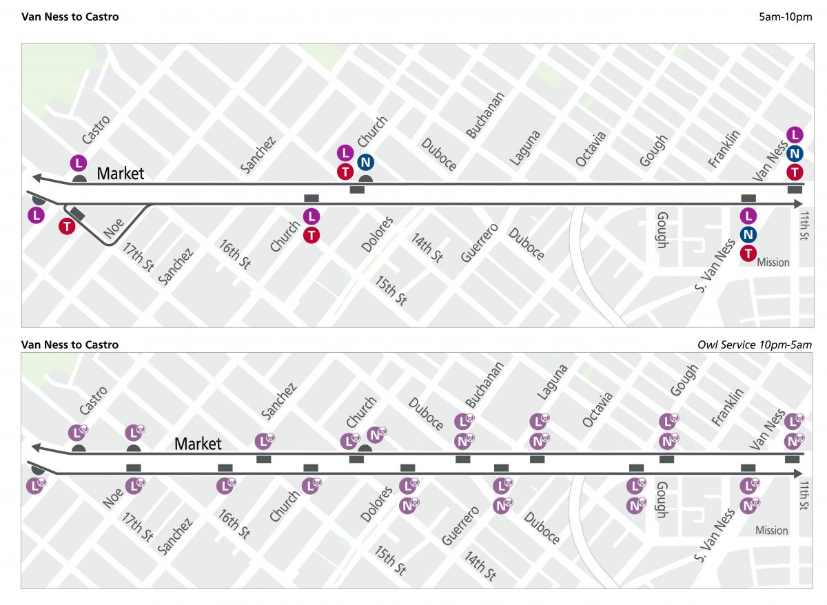 Wayfinding Muni stop maps for day and owl service from Castro to Van Ness.