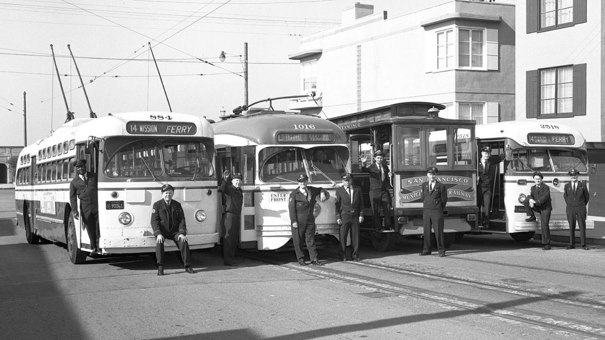 A lineup of Muni vehicles and Muni Operator of the Month awardees in 1963.