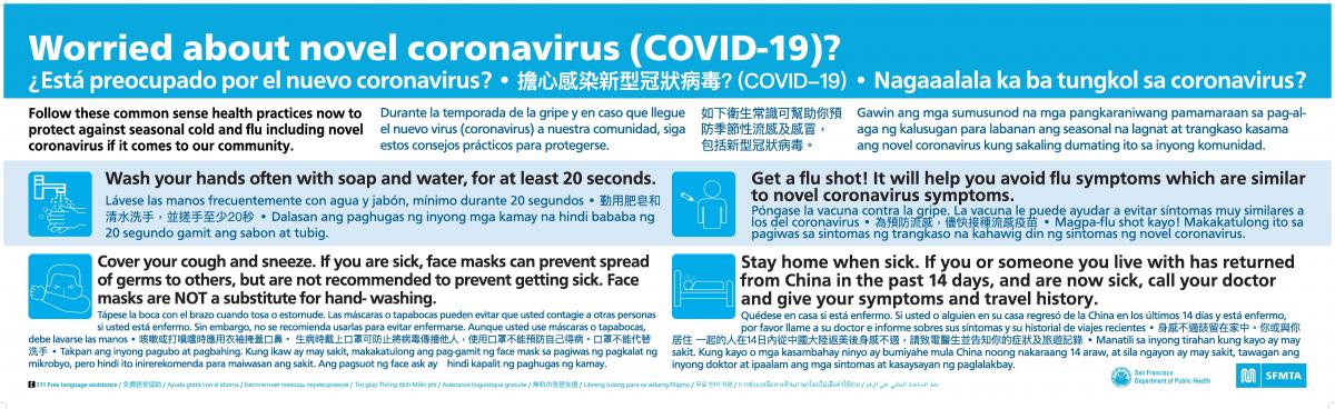 COVID-19 Campaign Poster: Worried about novel coronavirus? Follow these common sense health practices now to protect against seasonal cold and flu including novel coronavirus if it comes to our community. Get a flu shot! It will help you avoid flu symptoms which are similar to coronavirus symptoms. Stay home when sick. If you or someone you live with has returned from China in the past 14 days, and are now sick, call your doctor and give your symptoms and travel history.  