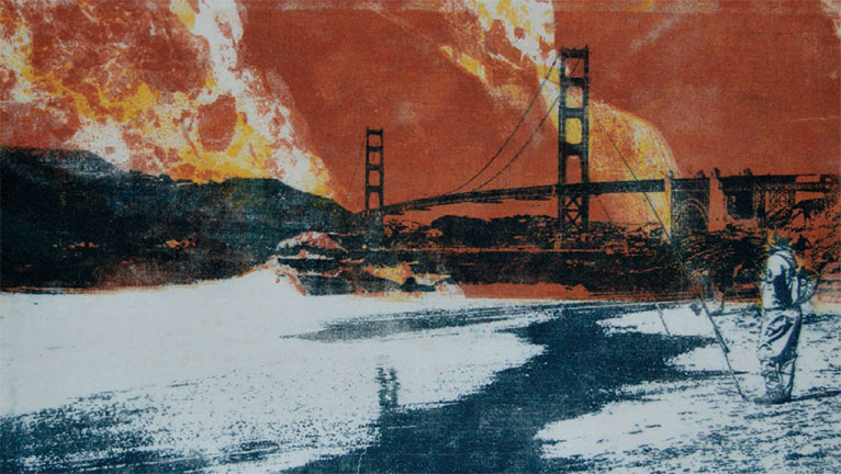 Stylized image of a photo from Baker Beach with a fisherman in the foreground and the Golden Gate Bridge beyond