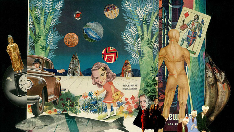 Collage of images including a car and its driver, a golden figurine, trees, and other objects