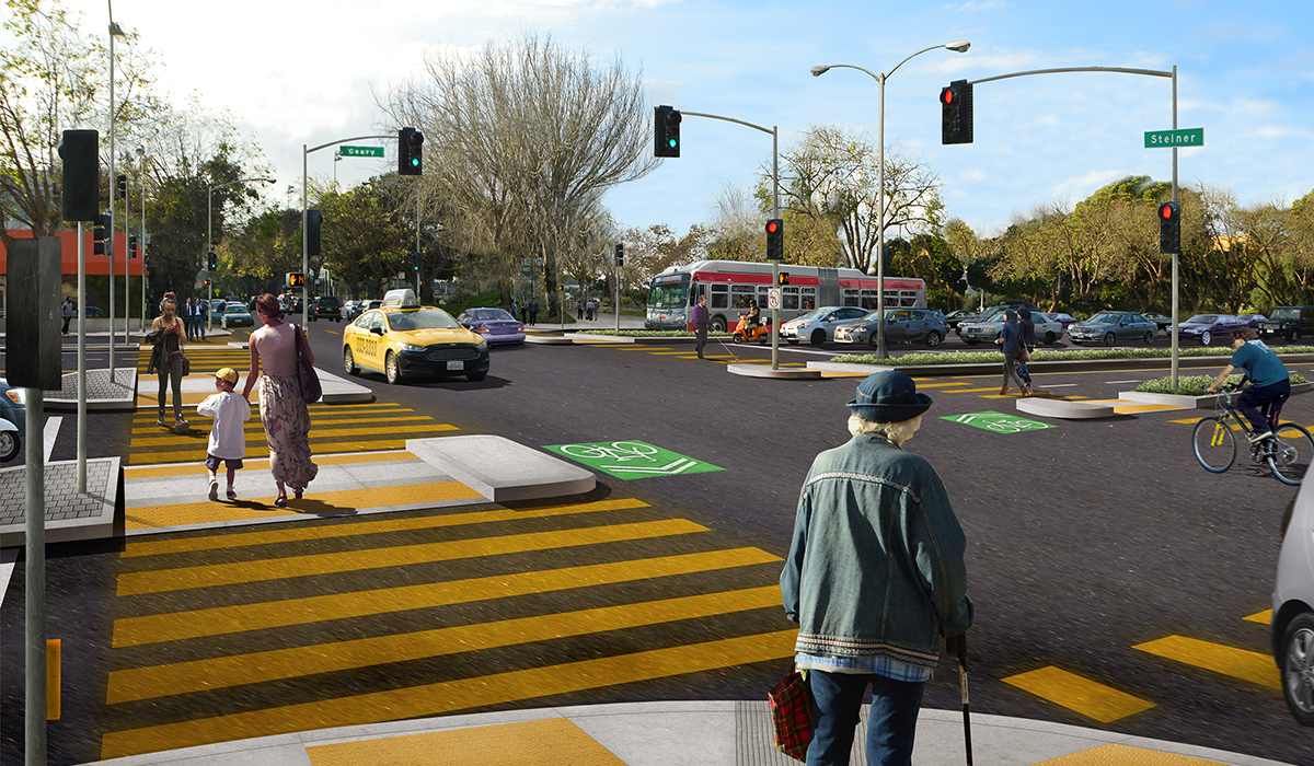 Rendering of the future Geary and Steiner intersection, with the Steiner bridge removed and improved crosswalks and medians