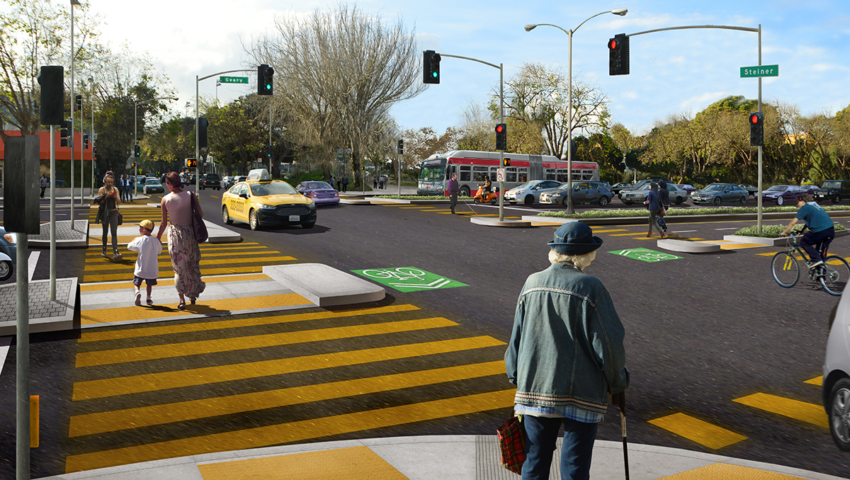 Rendering depicts the future Geary and Steiner intersection, looking south from the northeast corner, with the Steiner Bridge removed and improved crosswalks and medians.