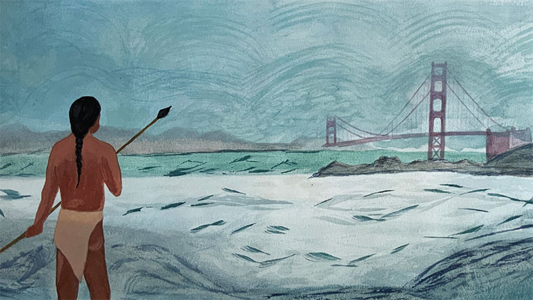 Indigenous person on shore of San Francisco Bay with fog shrouded Golden Gate Bridge in distance