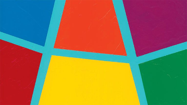 Six polygons in bright colors bordered by a pale blue irregular grid