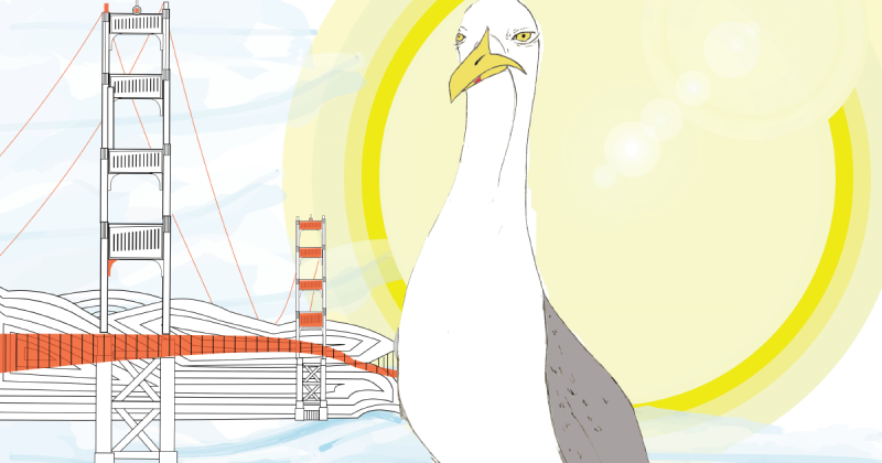 Artistic drawing of a sea gull in front of the Golden Gate Bridge, the Marin headlands and the sun