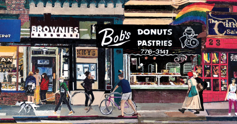 Polk Street street scene with people walking or standing on the sidewalk in front of various businesses: Swan Oyster Depot, Brownies Hardware, Bob's Donuts Pastries, and The Cinch Saloon. Bob's windows are full of pastries and the Cinch Saloon sports a rainbow flag.