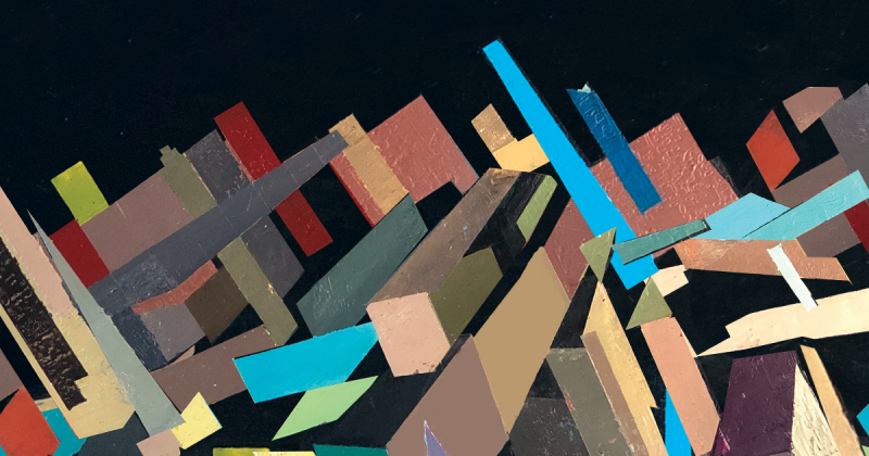 An arrangement of various oblong, mostly rectangular, shapes in various subdued colors on a black background, mostly at 45 degree angles left or right. One of the figures is pyramid-shaped.