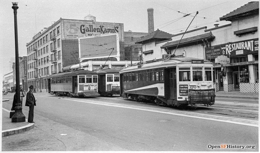 A photo from OpenSFHistory.org showing the 15, 16, and 29 Streetcars outside the Southern Pacific Railroad Depot in 1940, shortly before streetcar service would be replaced with buses.