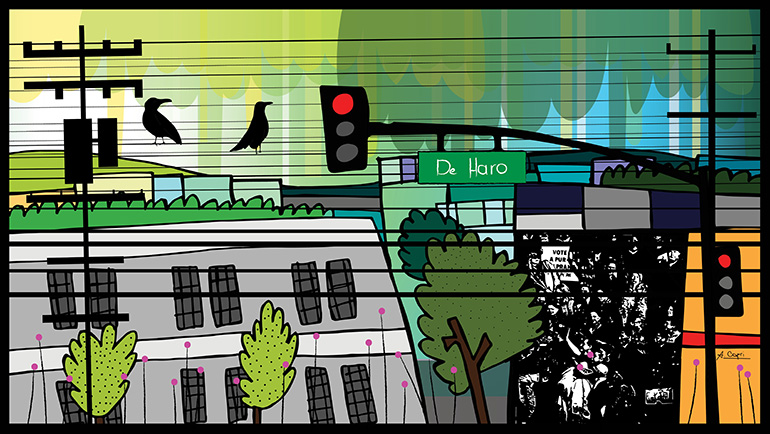 Traffic lights, with red lit, crossing De Haro Street. There is a two-story building on each corner. There are telephone poles with lines going along De Haro, as well as trees and also lines with a pink dot on each end. Two birds sit on the lines. Past the far side of the intersection is a black and white mural with various people and a partially readable sign concerning voting on some issue. In the background is an abstract skyline. It is day.