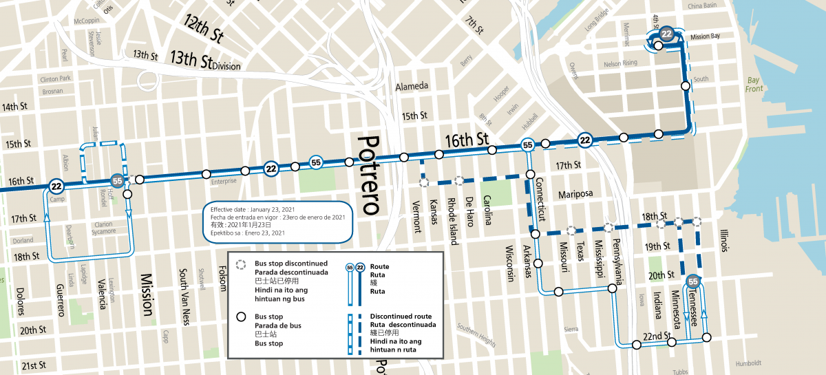 map of new 22 Fillmore and 55 Dogpatch service beginning 1/23/21 