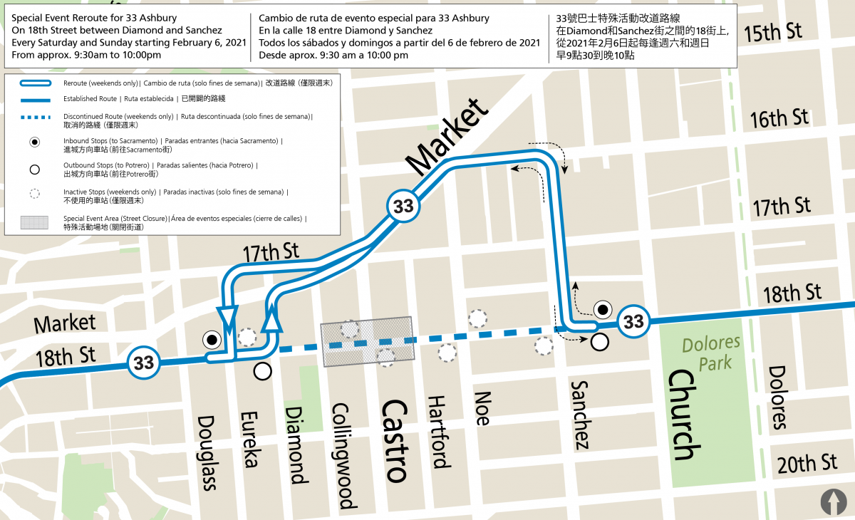 Map of 33 reroute in the Castro on weekends from 9:30 am to 10 pm.
