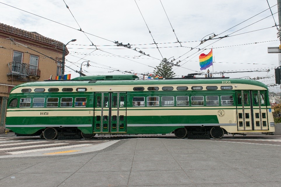 Photo: One of SFMTA’s historic F Market & Wharves streetcars on display in the Castro.