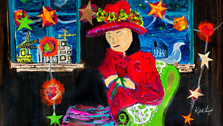 At night, a woman in a red jacket and hat sits in a green chair. Around her are cutout stars and red fabric balls. Outside the windows are a dove and buildings with construction cranes.
