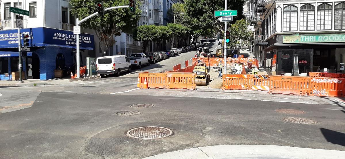 Photo: Crews working to install new ADA curb ramp at Leavenworth and Geary.  