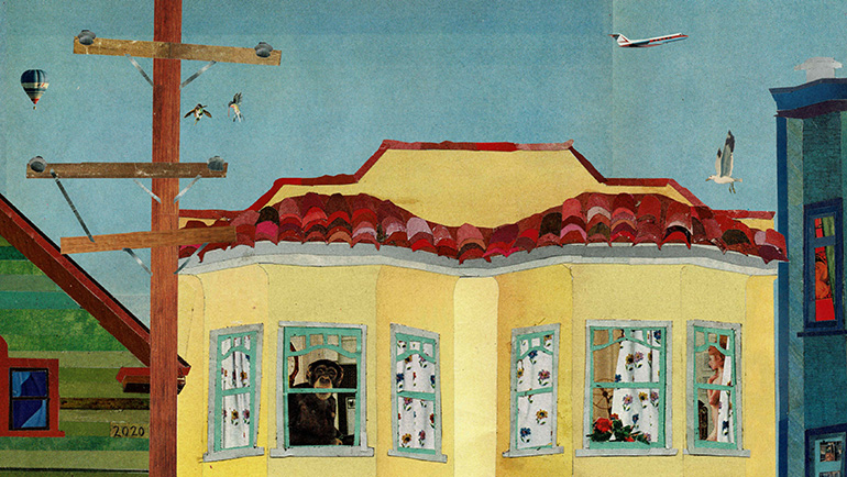 The upper level of a yellow stucco residence with red roof tiles having buildings on either side. There are patterned curtains in some windows, a person looking out one window and another person visible in the room through another window. There is a phone pole. In the sky there are a couple birds, a hot-air balloon, a sea gull, and an airplane.