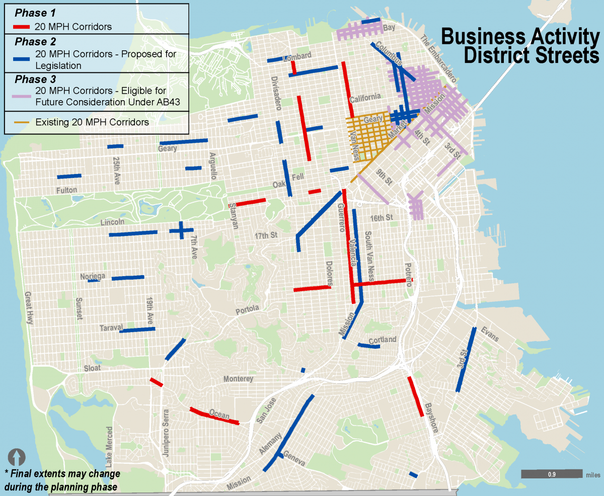 Citywide map showing proposed 20 miles per hour business activity district corridors 